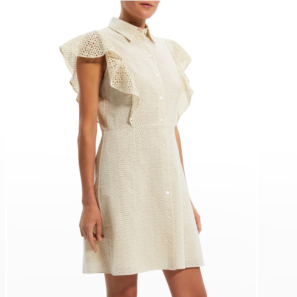 Theory Nova Cream Eyelet Mini Botton Front Dress + Slip With Ruffled Sleeves